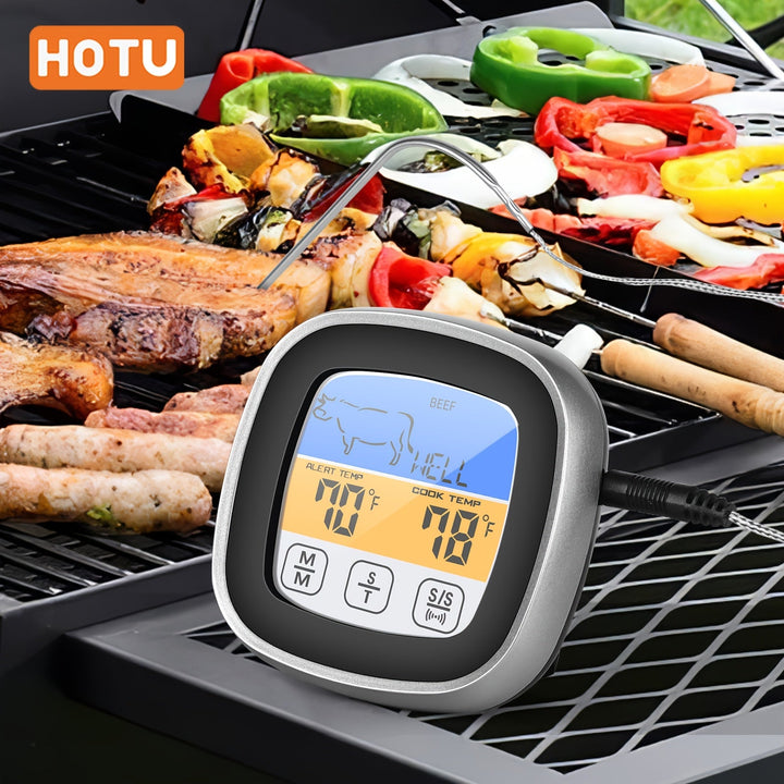 Termómetro digital HOTU con pantalla táctil, probeta de acero inoxidable y temporizador de reloj - Ideal para cocina, cocción, horneado, líquidos, dulces, parrillas, hornos - Material ABS, funcionamiento con batería, termómetro para cocción