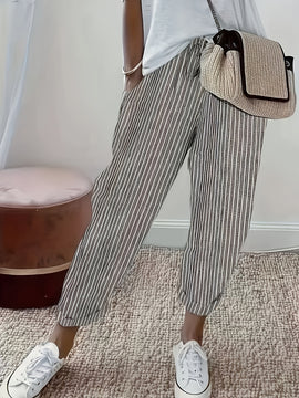 Pantalones de mujer 100% algodón, con cintura elástica y rayas, tobilleros, suaves y transpirables, casuales para vacaciones, con bolsillos, lavables a máquina, para primavera, verano y otoño, ropa de viaje, corte relajado, cómodos, con bolsillos, ideale