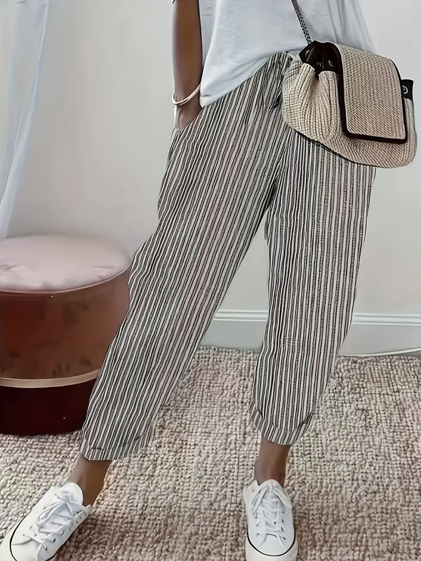 Pantalones de mujer 100% algodón, con cintura elástica y rayas, tobilleros, suaves y transpirables, casuales para vacaciones, con bolsillos, lavables a máquina, para primavera, verano y otoño, ropa de viaje, corte relajado, cómodos, con bolsillos, ideale