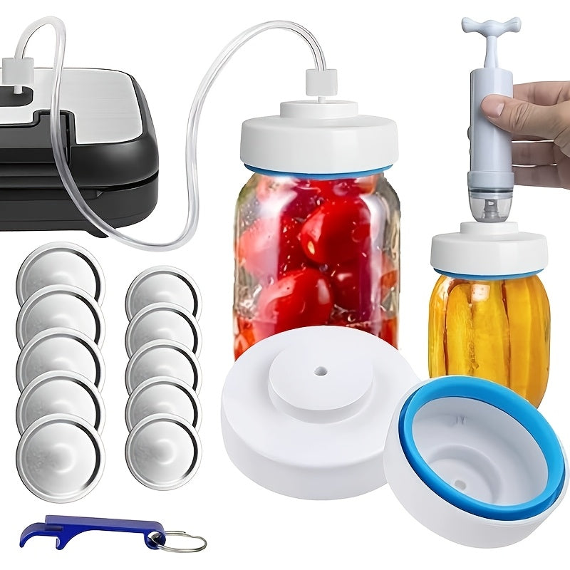 Juego de Sellador al Vacío para Tarros Mason con Accesorios Manguera, Adecuado para Tarros Mason de Boca Ancha y Normal, Sellador al Vacío Ajustable para Tarros de Conservas, Bomba de Succión Portátil Manual y Abrebotellas
