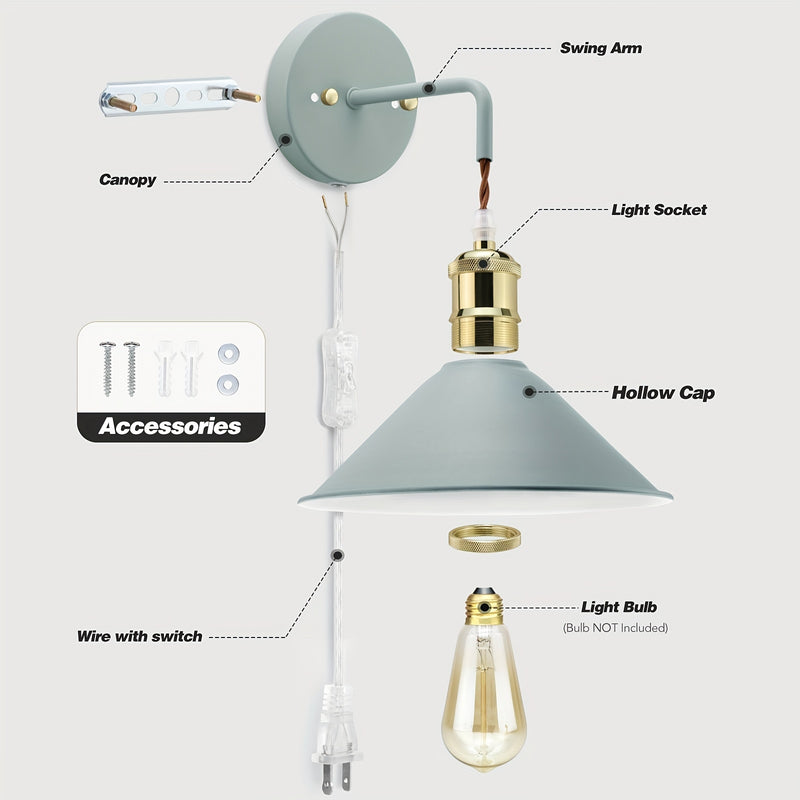 2 piezas de apliques de pared modernos con cable enchufable de encendido/apagado - Lámpara E26 Edison, acabado metálico esmerilado para decoración de dormitorio y baño (bombilla no incluida), luces de tocador, cuerpo pintado