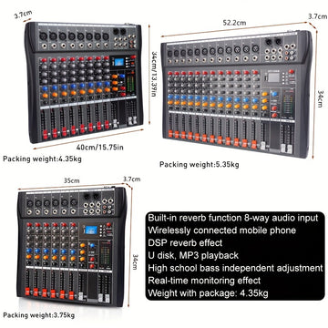 Consola de mezclas profesional NXG con USB, XLR, alimentación fantasma de 48V, entradas/salidas RCA - Material de aleación, funciona con fuente de alimentación 220-240V con enchufe europeo, opciones de 6/8/12 canales, efecto de reverberación DSP, no requ