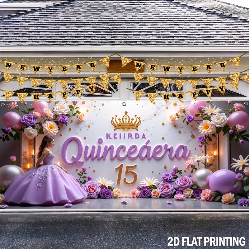 1pc, Feliz 15º Cumpleaños, Banner de puerta de garaje de cumpleaños al aire libre Cubierta de poliéster duradera Ideal para decoraciones diarias al aire libre - Precio sorpresa, Buena calidad y no requiere energía