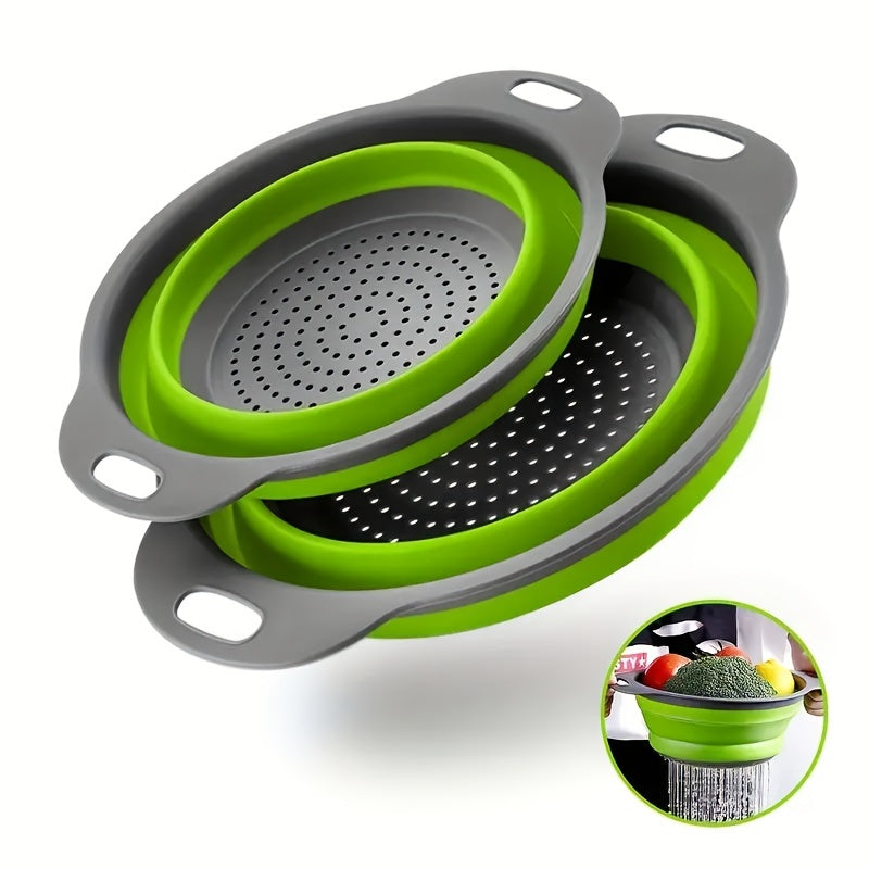 1/2 Juego de cestas de drenaje de cocina de silicona redondas plegables - 1 grande, 1 pequeña, muy adecuado para escurrir pasta, verduras y frutas