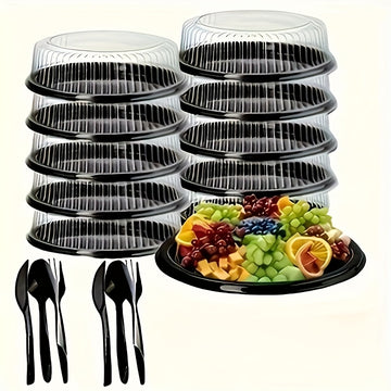 5 bandejas redondas de plástico con tapa transparente apilables para comida, entrega a domicilio y picnic (incluye 5 cajas para pastel + juego de cubiertos)