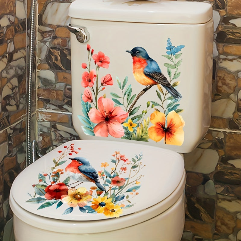 2 hermosas pegatinas de flores y pájaros para baño, adhesivos impermeables para pared de inodoro, fáciles de instalar