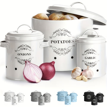 Juego de 3 contenedores para almacenar alimentos enlatados de papa, cebolla y ajo, práctico para frutas en conserva, alimentos enlatados y canasta de vegetales