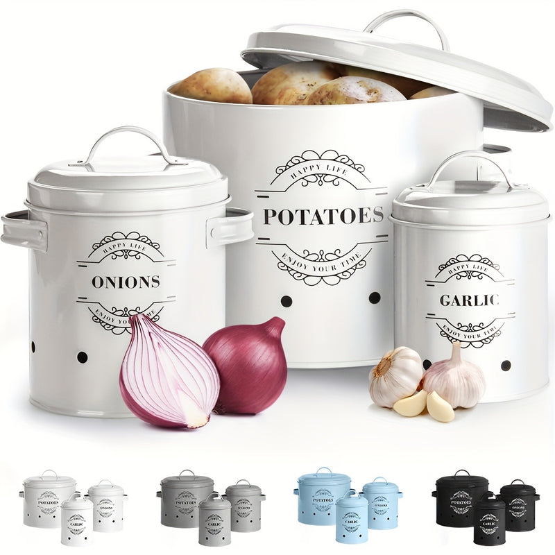 Juego de 3 contenedores para almacenar alimentos enlatados de papa, cebolla y ajo, práctico para frutas en conserva, alimentos enlatados y canasta de vegetales