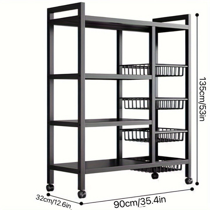 Carrito de almacenamiento industrial de metal con ruedas, organizador rodante de estantes abiertos de 4 niveles con cestas colgantes, unidad de estantería móvil multiusos para la organización de la cocina, la oficina y el hogar.