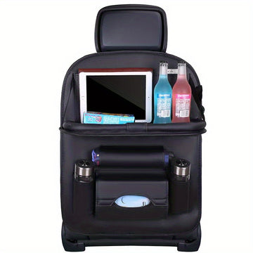 Organizador para asientos traseros de auto en cuero PU premium, con múltiples bolsillos, porta vasos, ganchos y compartimentos de malla, para sedanes, camionetas y SUV – Maximiza el espacio de almacenamiento y mantén tu vehículo ordenado, organizador par