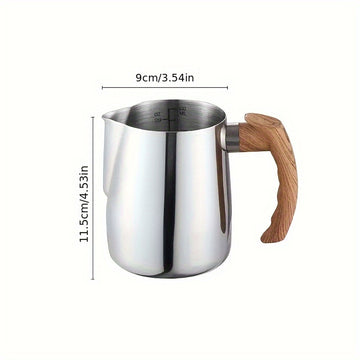 1 vaso de espuma de leche de acero inoxidable con mango de madera - 600 ml/900 ml, termo de leche para café, té, chocolate caliente - Equipo creativo para cocina y cafetería, accesorios para bar de café