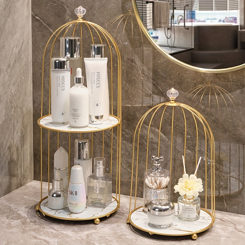 1 organizador de maquillaje de hierro fundido en tono dorado, estante en forma de jaula para baño, elegante soporte para perfumes y productos de cuidado de la piel, repisa para tocador y mostrador