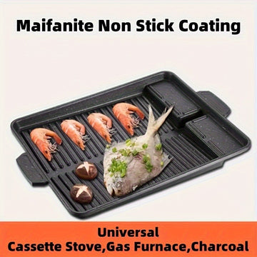 Sartén rectangular antiadherente - Sartén de piedra de metal sin humo con asa para asar al aire libre/interior, placa caliente y sartén, ideal para salchichas, verduras, etc., placa de asador para barbacoa