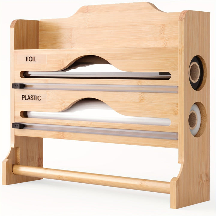 Un cortador de plástico de cocina con soporte para papel toalla, hecho de bambú, sirve como estante de almacenamiento para papel de cocina y papel de aluminio, con dos compartimentos para cortar.