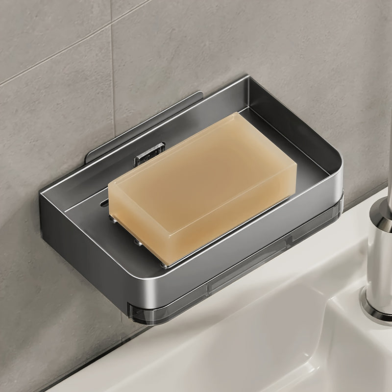Porta Jabonera de Acero Inoxidable con Bandeja de Drenaje - Montaje en Pared, Sin Taladro, Diseño Rectangular para Baño y Cocina - Solución de Almacenamiento Elegante y Duradera para Dispensador de Jabón de Manos