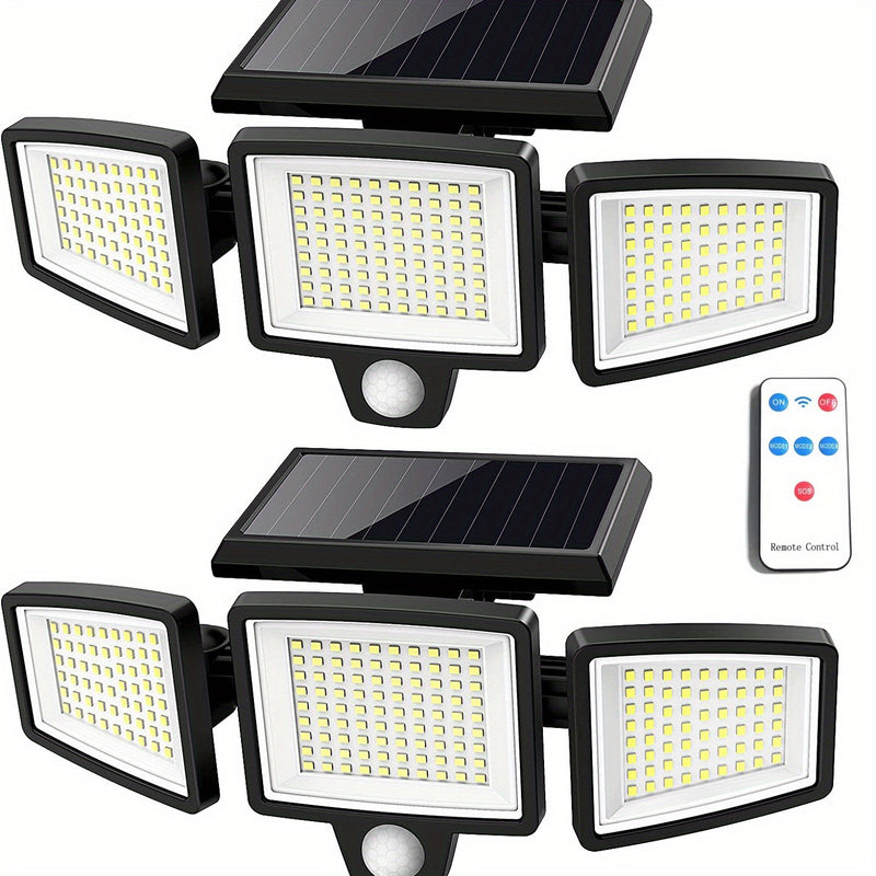 Paquete de 2/1 Lámpara Solar Exterior con Control Remoto, Luz de Seguridad de 210 LED con Sensor de Movimiento y Tres Cabezas, Ángulo Amplio de 270°, Resistente al Óxido, 3 Modos