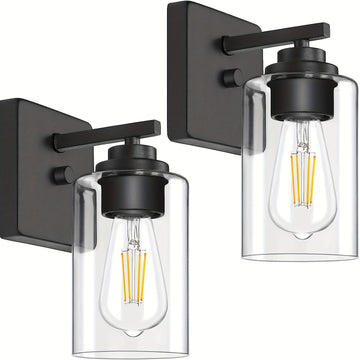 Juego de 2 Apliques de Pared para Baño, Luces Modernas para Tocador, Linternas de Iluminación de Montaje en Pared en Negro Mate, Luces de Pared Estilo Granja con Pantalla de Vidrio Transparente para Dormitorio, Sala de Estar, Pasillo y Cocina (Bombilla I