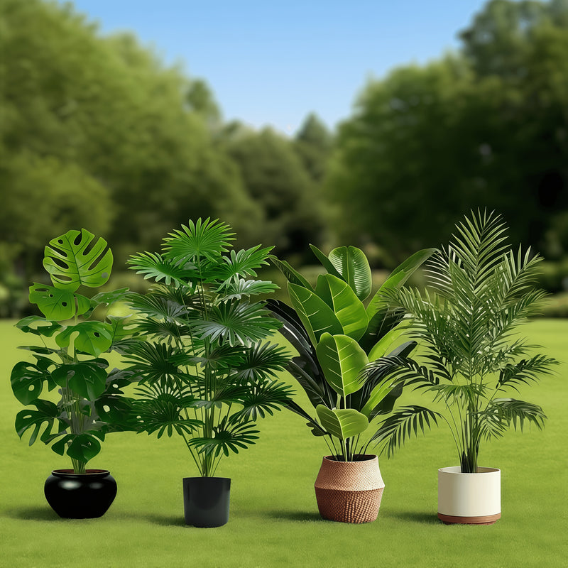 Juego de 4 plantas artificiales tropicales: árbol de plátano, dracena, palma abanico y poinsettia. Follaje perenne que crea un ambiente exuberante tropical, ideal para hogar, oficina, jardín o bodas, añadiendo encanto vibrante a cualquier ocasión festiva