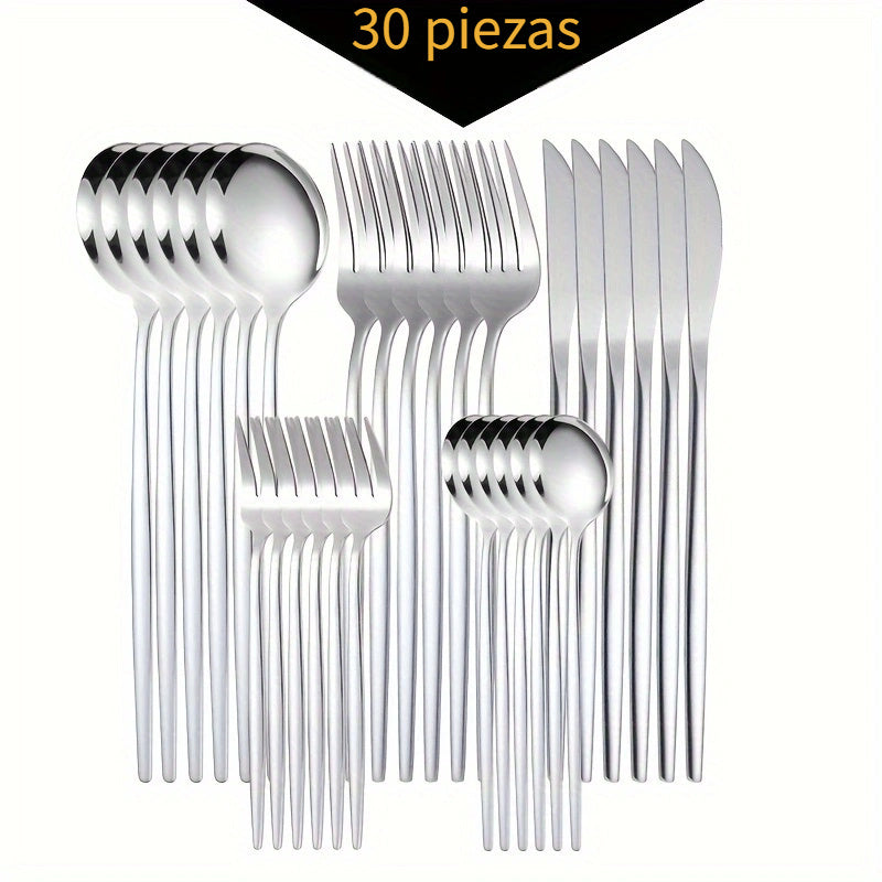 Juego de cubiertos de acero inoxidable, 30 piezas - Tenedores, cucharas y cucharitas para postres, ideal para hogar y restaurante