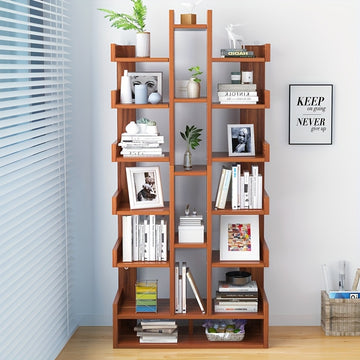 1 estante de árbol blanco con 8 estantes de almacenamiento - Organizador de suelo de madera dura de estilo para el hogar o la oficina, agrega un toque natural al espacio, decoración de estantes