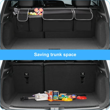 Organizador de maletero de coche con 4 bolsillos y 3 tapas separadas - Accesorios de carga plegables, material duradero de poliamida, almacenamiento multi-cámara para asiento trasero y maletero, organización de vehículos, cierre de cremallera seguro