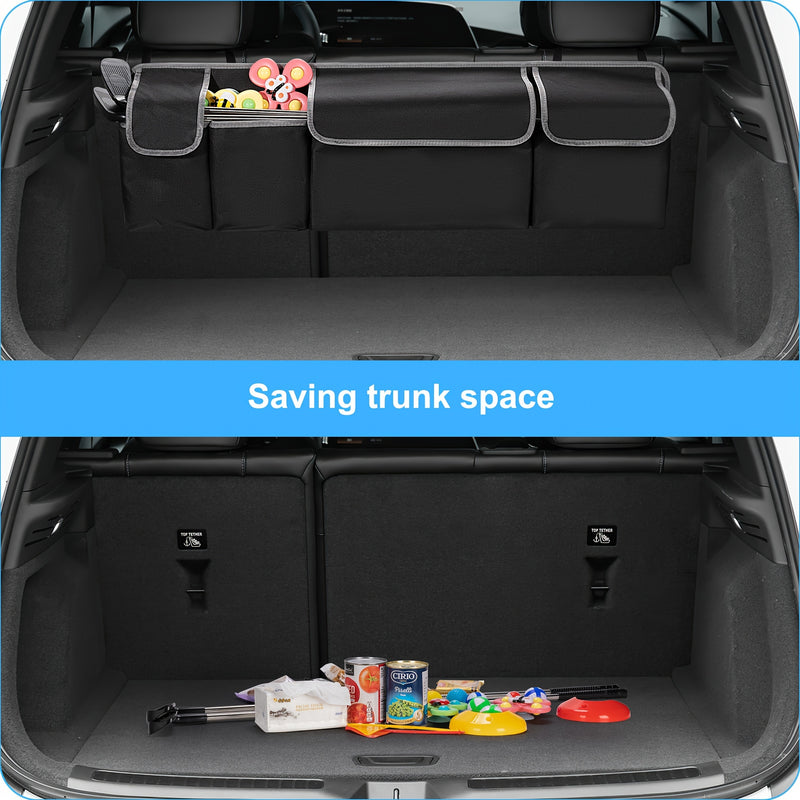 Organizador de maletero de coche con 4 bolsillos y 3 tapas separadas - Accesorios de carga plegables, material duradero de poliamida, almacenamiento multi-cámara para asiento trasero y maletero, organización de vehículos, cierre de cremallera seguro
