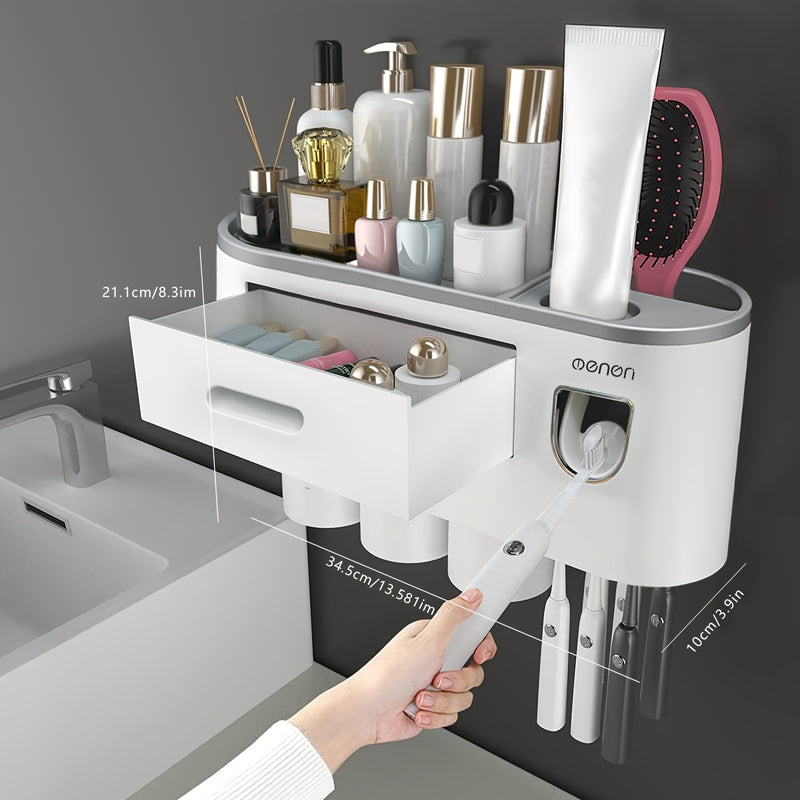 1 Juego De 2/3/4 Piezas, Porta Cepillos De Dientes Para Baños, Vasos Porta Cepillos, Montado En La Pared Con Dispensador De Pasta De Dientes, Bandeja De Gran Capacidad, 2 Cajones Para Cosméticos, Organizador De Baño Y Accesorios De Baño