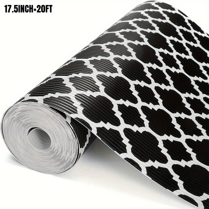 1 Rollo de Forro para Estantes Impermeable y No Adhesivo con Diseño Elegante de Trébol Gris y Blanco y Ondas - Tapete de Plástico Duradero y Cortable para Refrigeradores, Cajones de Cocina, Armarios | Antideslizante, Impermeable, Mantel para Refrigerador