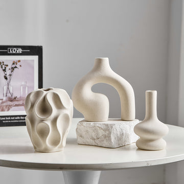 Conjunto de 3 jarrones de cerámica bohemios - Jarrones de capullo de rayas geométricas, forma cilíndrica, decoración minimalista para el hogar para estantes, mesa de café, sala de estar, entrada - No se requieren baterías