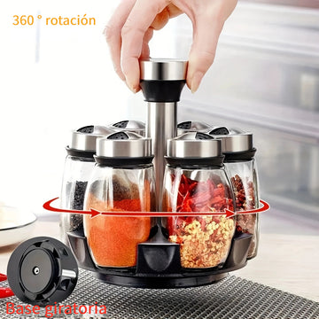 Juego de 7 Tarros de Especias de Vidrio con Organizador Giratorio - Incluye Saleros, Pimenteros y Azucareros - Perfecto para Almacenamiento y Organización de Cocina