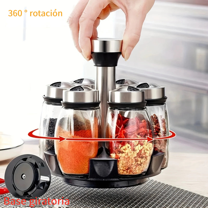Juego de 7 Tarros de Especias de Vidrio con Organizador Giratorio - Incluye Saleros, Pimenteros y Azucareros - Perfecto para Almacenamiento y Organización de Cocina