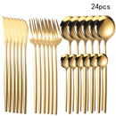 24 piezas de cubiertos de acero inoxidable con opciones doradas y plateadas, con cuchillos, tenedores y cucharas de estilo occidental creativo, aptos para restaurantes y cenas en casa, aptos para lavavajillas.