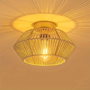 Lámpara de techo estilo boho de mediados de siglo, base E27, montaje semiempotrado, pantalla de 32.0 cm tejida a mano en ratán y metal, acabado barnizado, instalación cableada para dormitorio, pasillo, habitación infantil o sala de estar - Negro