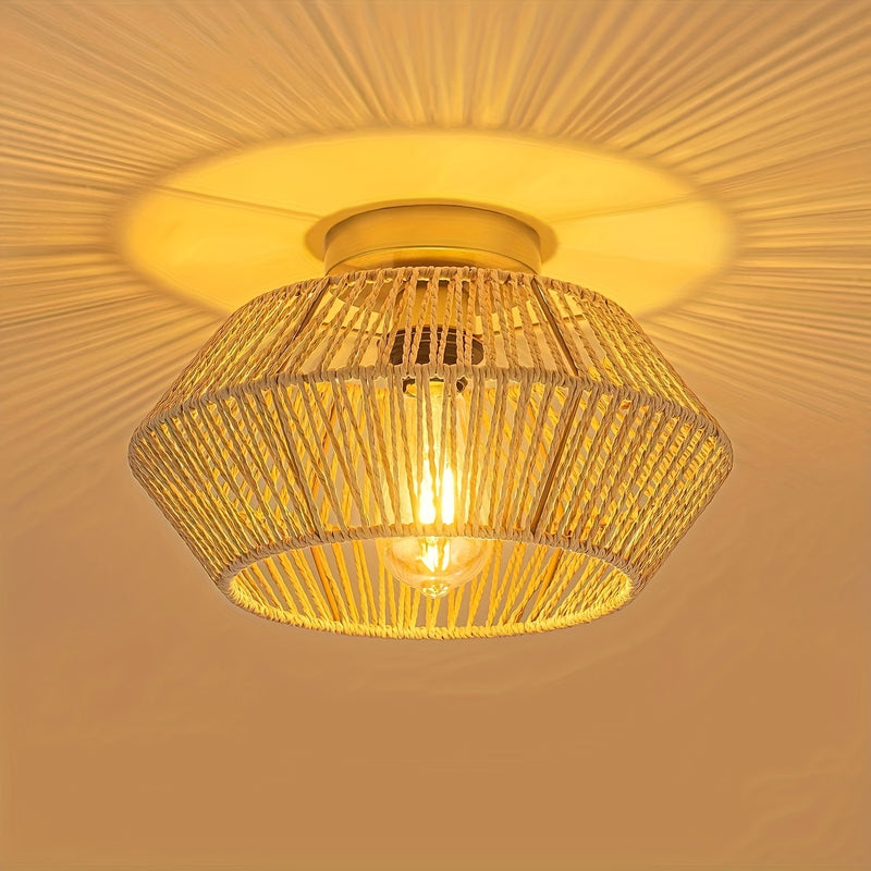 Lámpara de techo estilo boho de mediados de siglo, base E27, montaje semiempotrado, pantalla de 32.0 cm tejida a mano en ratán y metal, acabado barnizado, instalación cableada para dormitorio, pasillo, habitación infantil o sala de estar - Negro