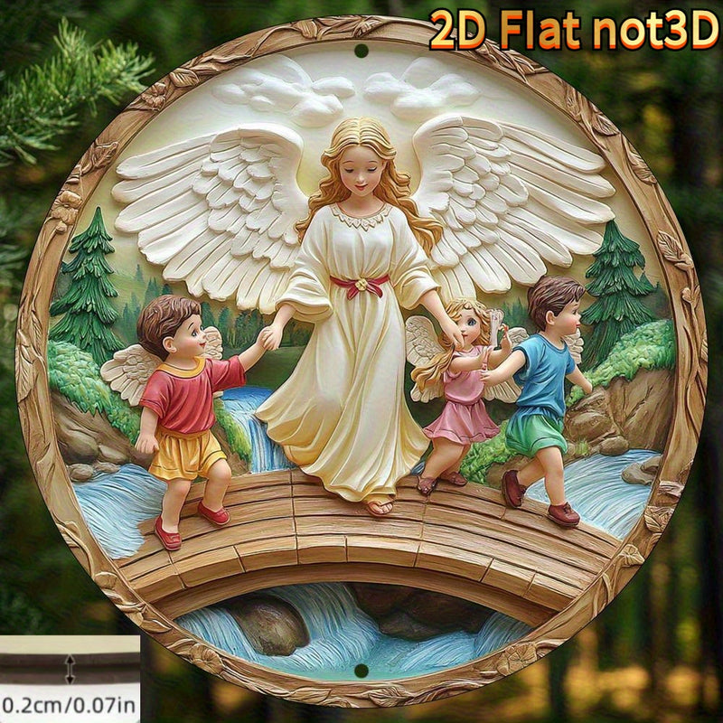 Arte de Pared Redondo de Madera con Ángel Guardián 2D Plano - Escena de Ángel y Arroyo, Perfecto para el Hogar, Oficina o Regalos del Día de San Patricio, Día de San Valentín, Decoración de Ángeles, 2D Plano