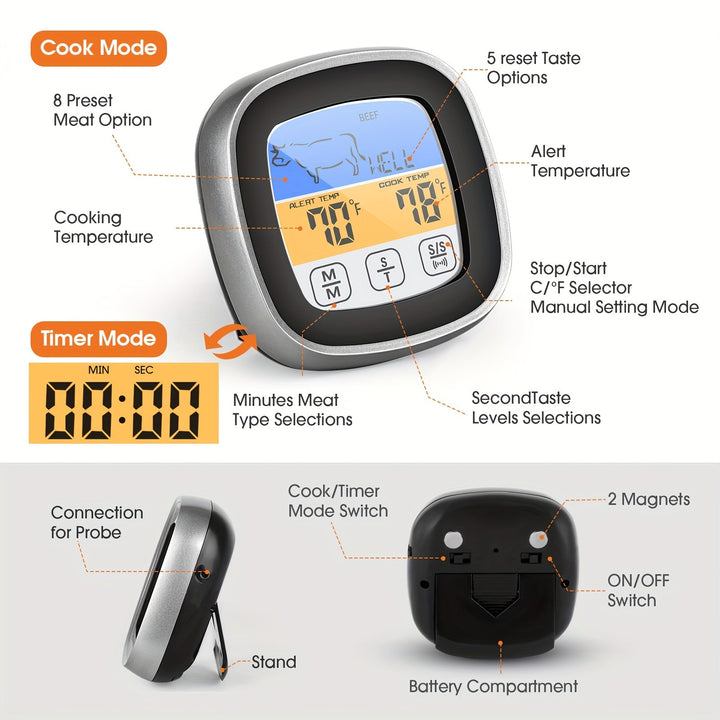 Termómetro digital HOTU con pantalla táctil, probeta de acero inoxidable y temporizador de reloj - Ideal para cocina, cocción, horneado, líquidos, dulces, parrillas, hornos - Material ABS, funcionamiento con batería, termómetro para cocción