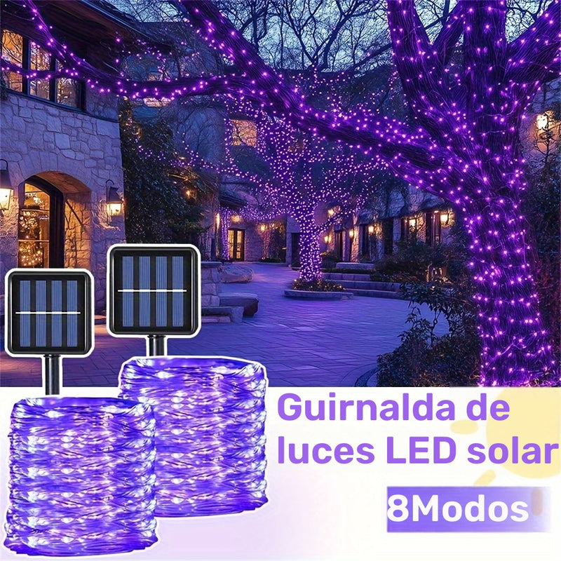 1 Paquete de Luces de Cuerda LED Solares para Exterior, Impermeable IP65, 8 Modos, Luces de Hadas Moradas para Árbol, Jardín, Navidad, Halloween, Día de Acción de Gracias, Día de San Valentín, Decoraciones de Bodas - Energizado por Energía Solar, Batería