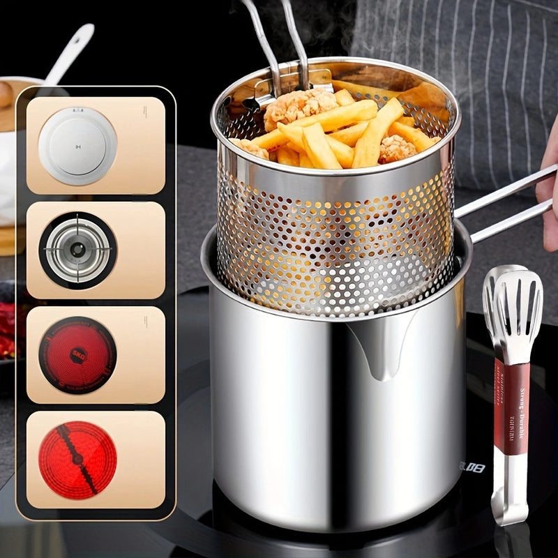 Fritadora profunda recta de acero inoxidable 304 con rejilla de filtro, tapa y tenazas - Versátil para freír papas, pescado, pollo y más - Ideal para uso doméstico, fiestas, camping y restaurantes, uso en restaurantes | Electrodoméstico de cocina moderno