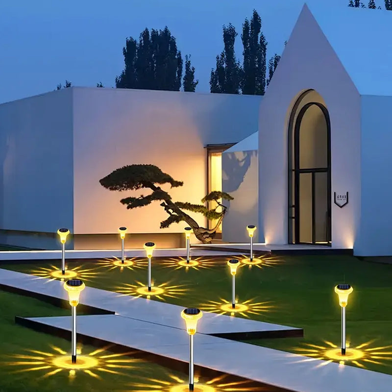 Dos, cuatro o seis luces solares para jardín al aire libre, lámparas LED de acero inoxidable, compactas y prácticas, base de lámpara de cristal solar, adecuadas para iluminación de jardines, entradas y patios.