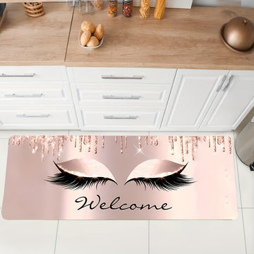 1 Pieza, Tapete De Cocina De Material De Poliéster Vinílico Con Patrón De Pestañas Y Letras En Color Rosa, Antideslizante Y Absorbente, Alfombra Antifatiga Para Cocina, Hogar, Oficina, Fregadero Y Lavandería