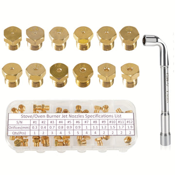 36pcs Kit de conversión de orificio de estufa de gas de cobre PFCKE, propano LP gas natural, boquilla de bronce de quemador de repuesto, 0,3/0,4/0,7/0,8/0,9/1,0/1,1/1,2/1,5/1,7/1,9mm, punta de pulverización de gas M6x0,75 mm, con llave y zócalo