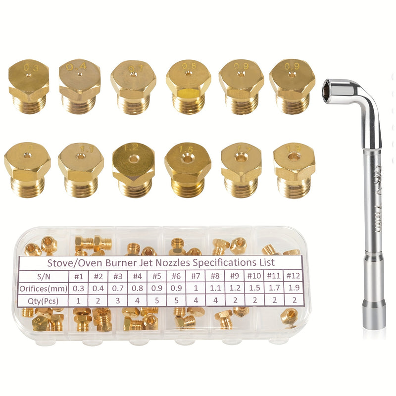 36pcs Kit de conversión de orificio de estufa de gas de cobre PFCKE, propano LP gas natural, boquilla de bronce de quemador de repuesto, 0,3/0,4/0,7/0,8/0,9/1,0/1,1/1,2/1,5/1,7/1,9mm, punta de pulverización de gas M6x0,75 mm, con llave y zócalo
