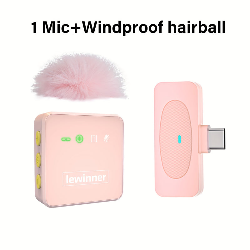 Microfonos Inalámbricos Profesionales Lewinner de 4 Piezas - Conexión USB-C, Reducción de Ruido, Diseño con Pinza y Pompóns Suaves, Rosa, Ideales para Karaoke, Transmisiones en Vivo y Grabación de Vídeo
