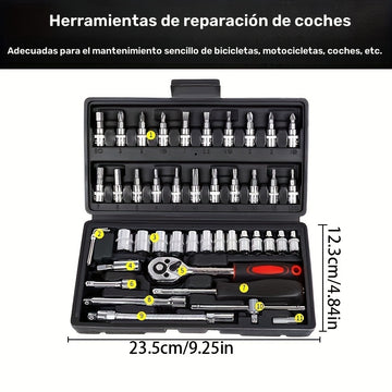 Juego de herramientas de 46 piezas de acero cromo vanadio, kit de llaves multifuncionales templadas, alto torque, portátil para mantenimiento de autos, bicicletas y motocicletas