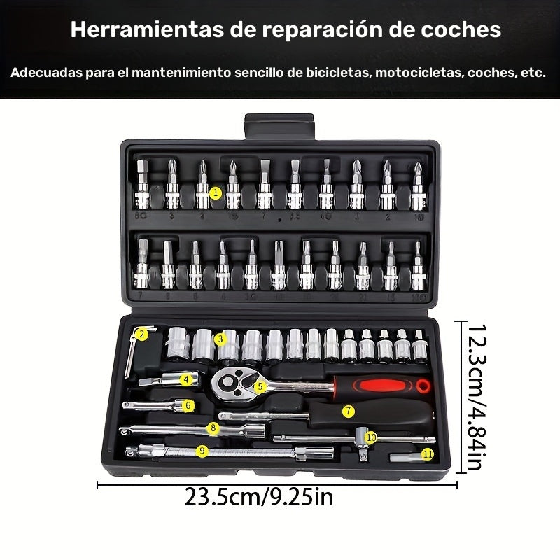 Juego de herramientas de 46 piezas de acero cromo vanadio, kit de llaves multifuncionales templadas, alto torque, portátil para mantenimiento de autos, bicicletas y motocicletas