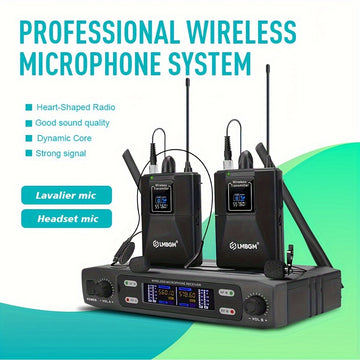 Sistema de micrófono inalámbrico profesional LMBGM con 1 micrófono de solapa y 1 micrófono de diadema para presentaciones en escenarios, conferencias, aulas, conferencias, coros, bodas, etc. - Conector XLR, sin batería, sin función de carga, alimentación