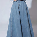 Falda de mezclilla de cintura alta para mujer con cierre frontal y bolsillos con solapa - Color azul claro, tejido no elástico, ideal para primavera/verano/otoño, ropa casual a semi-formal, atuendo casual | Falda con botones | Tejido no elástico