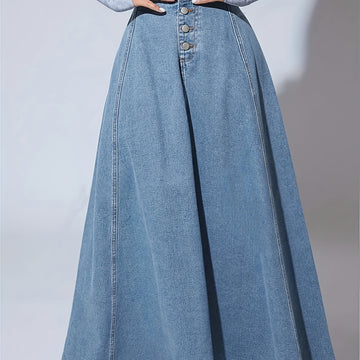 Falda de mezclilla de cintura alta para mujer con cierre frontal y bolsillos con solapa - Color azul claro, tejido no elástico, ideal para primavera/verano/otoño, ropa casual a semi-formal, atuendo casual | Falda con botones | Tejido no elástico
