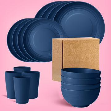 Juego de vajilla azul para 4 personas, incluye platos, tazones y tazas, apto para microondas y lavavajillas, ideal para Navidad, Año Nuevo, Día de San Valentín, cocina, camping, viajes en autocaravana y picnics