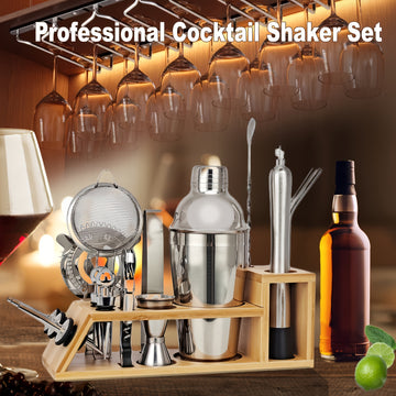 1 Juego De 21 Piezas, Coctelera Con Soporte De Bambú Y Bolsa De Terciopelo, Ideal Para El Hogar, Bar, Mezcla De Bebidas, Kit De Herramientas Profesionales Para Bares En Fiestas